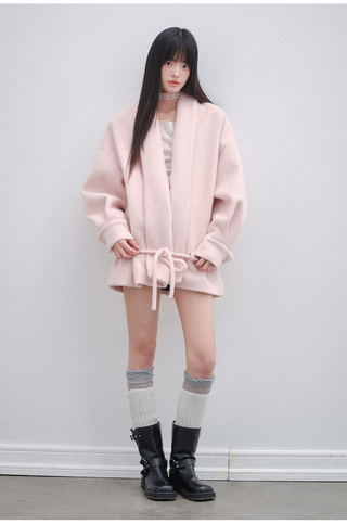 [OTR] Pink V-Neck Lace-Up Woolen Coat