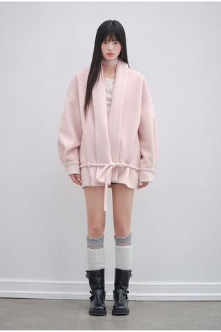 [OTR] Pink V-Neck Lace-Up Woolen Coat