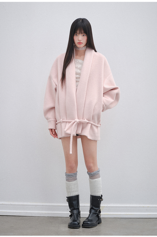 [OTR] Pink V-Neck Lace-Up Woolen Coat