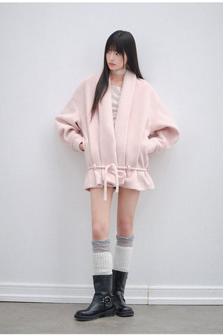 [OTR] Pink V-Neck Lace-Up Woolen Coat