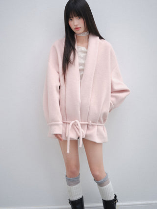 [OTR] Pink V-Neck Lace-Up Woolen Coat