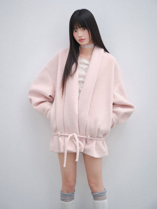 [OTR] Pink V-Neck Lace-Up Woolen Coat