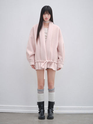 [OTR] Pink V-Neck Lace-Up Woolen Coat