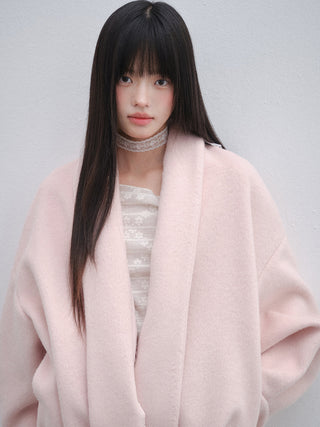 [OTR] Pink V-Neck Lace-Up Woolen Coat