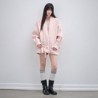 [OTR] Pink V-Neck Lace-Up Woolen Coat