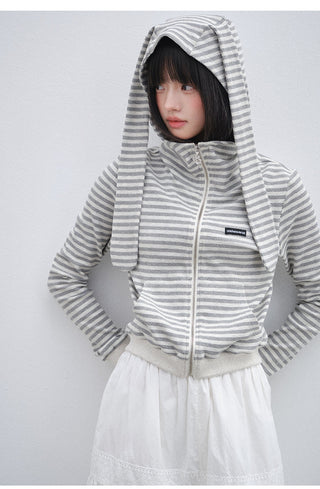 [OTR] Striped Knitted Rabbit Ears Hooded Jacket