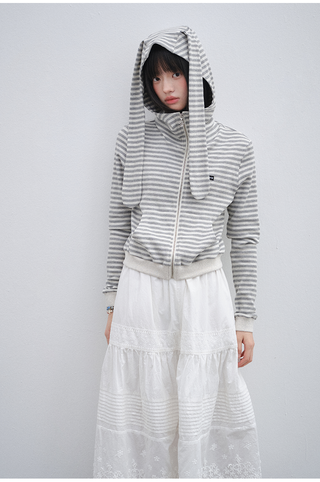 [OTR] Striped Knitted Rabbit Ears Hooded Jacket