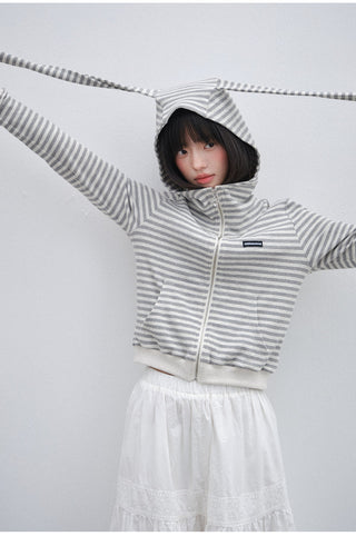 [OTR] Striped Knitted Rabbit Ears Hooded Jacket