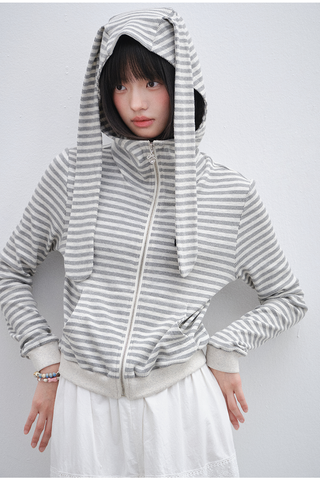 [OTR] Striped Knitted Rabbit Ears Hooded Jacket