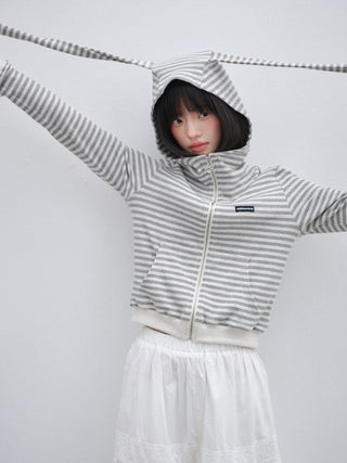 [OTR] Striped Knitted Rabbit Ears Hooded Jacket