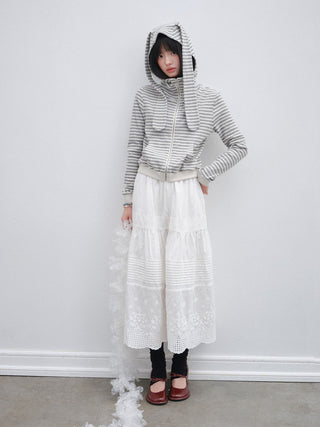 [OTR] Striped Knitted Rabbit Ears Hooded Jacket