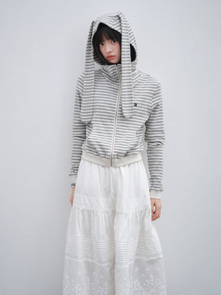 [OTR] Striped Knitted Rabbit Ears Hooded Jacket