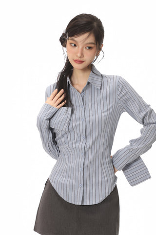 Blue slim-fit striped shirt and high waist a-line skirt