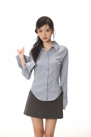 Blue slim-fit striped shirt and high waist a-line skirt