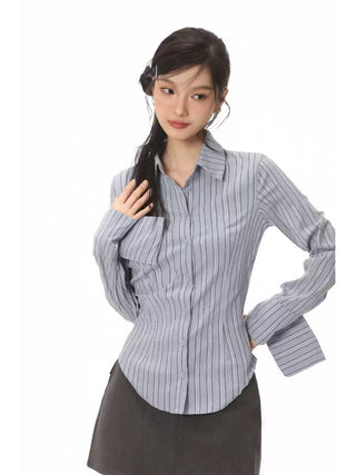 Blue slim-fit striped shirt and high waist a-line skirt