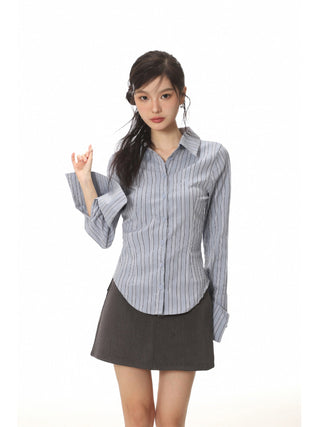 Blue slim-fit striped shirt and high waist a-line skirt