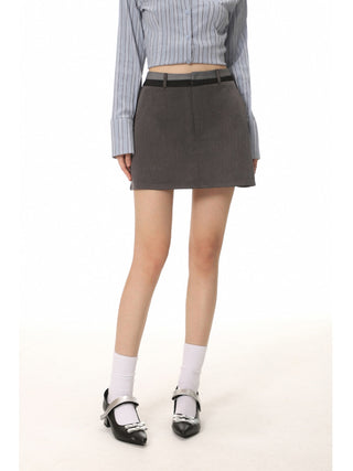 Blue slim-fit striped shirt and high waist a-line skirt