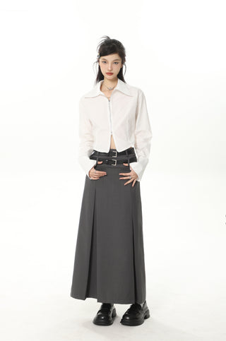 Double zipper long-sleeved shirt and casual skirt