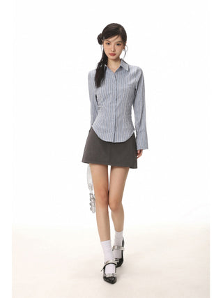 Long-sleeved stripped shirt and skirt two-piece suit