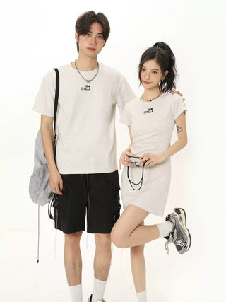 Letter Embroidery Round Neck Tee & Dress