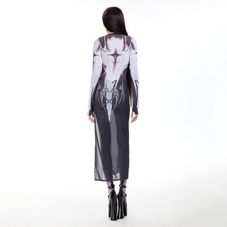 Animation Printed Mesh Crew Neck Maxi Dress