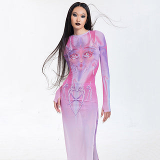 Animation Printed Mesh Crew Neck Maxi Dress