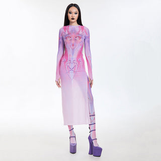 Animation Printed Mesh Crew Neck Maxi Dress