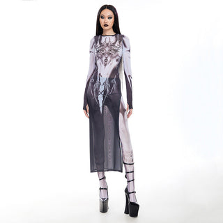 Animation Printed Mesh Crew Neck Maxi Dress