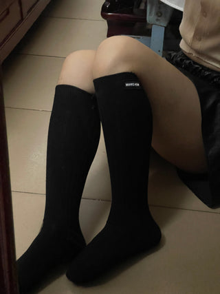 Black label over knee mid-tube socks