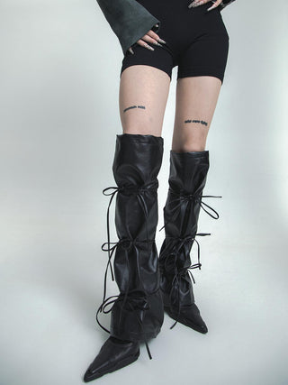 Leather Bow Long Leg Socks