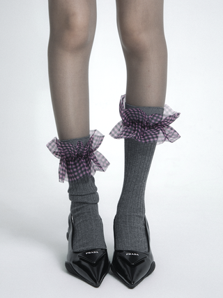 Translucent Plaid Mesh Lace Bowknot Stockings