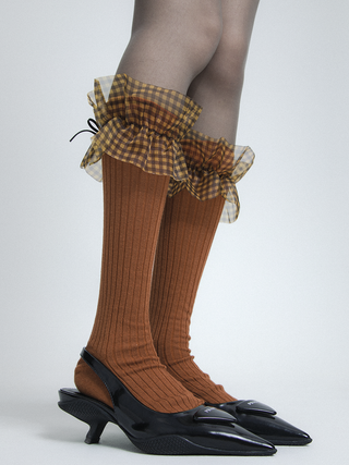 Translucent Plaid Mesh Lace Bowknot Stockings