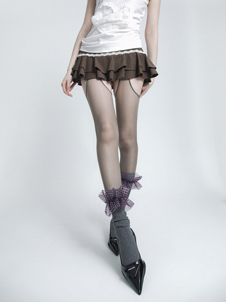 Translucent Plaid Mesh Lace Bowknot Stockings