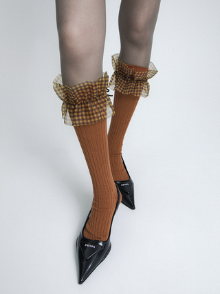 Translucent Plaid Mesh Lace Bowknot Stockings