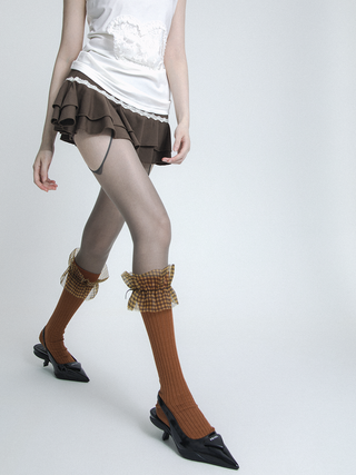 Translucent Plaid Mesh Lace Bowknot Stockings