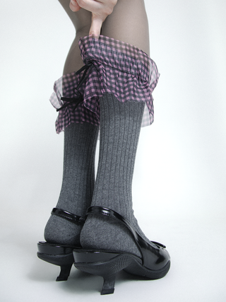 Translucent Plaid Mesh Lace Bowknot Stockings