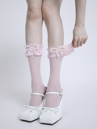 Hollow lace pearl butterfly knot fishnet mid-tube socks