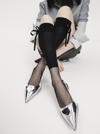 Translucent solid color stitching bowknot stockings