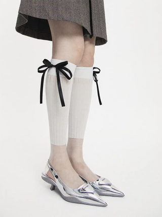 Translucent solid color stitching bowknot stockings