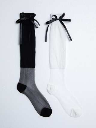 Translucent solid color stitching bowknot stockings