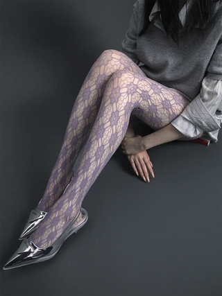 White flower hollow jacquard mesh stockings