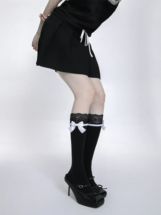 Lace satin bow knee-length calf socks