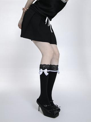 Lace satin bow knee-length calf socks