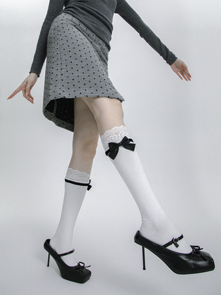 Lace satin bow knee-length calf socks