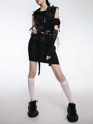 Wasteland style y2k drawstring ribbon sleeve gloves