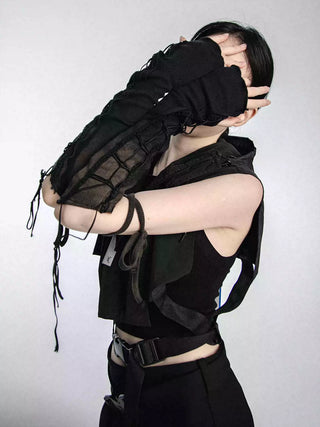 Wasteland style y2k drawstring ribbon sleeve gloves