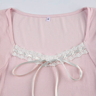 Lace knitted square collar top