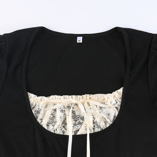 contrast lace stitching fake two-piece lace-up top