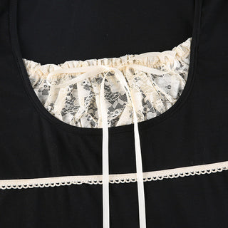 contrast lace stitching fake two-piece lace-up top