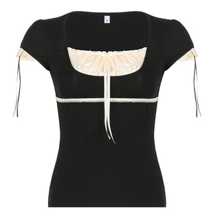 contrast lace stitching fake two-piece lace-up top